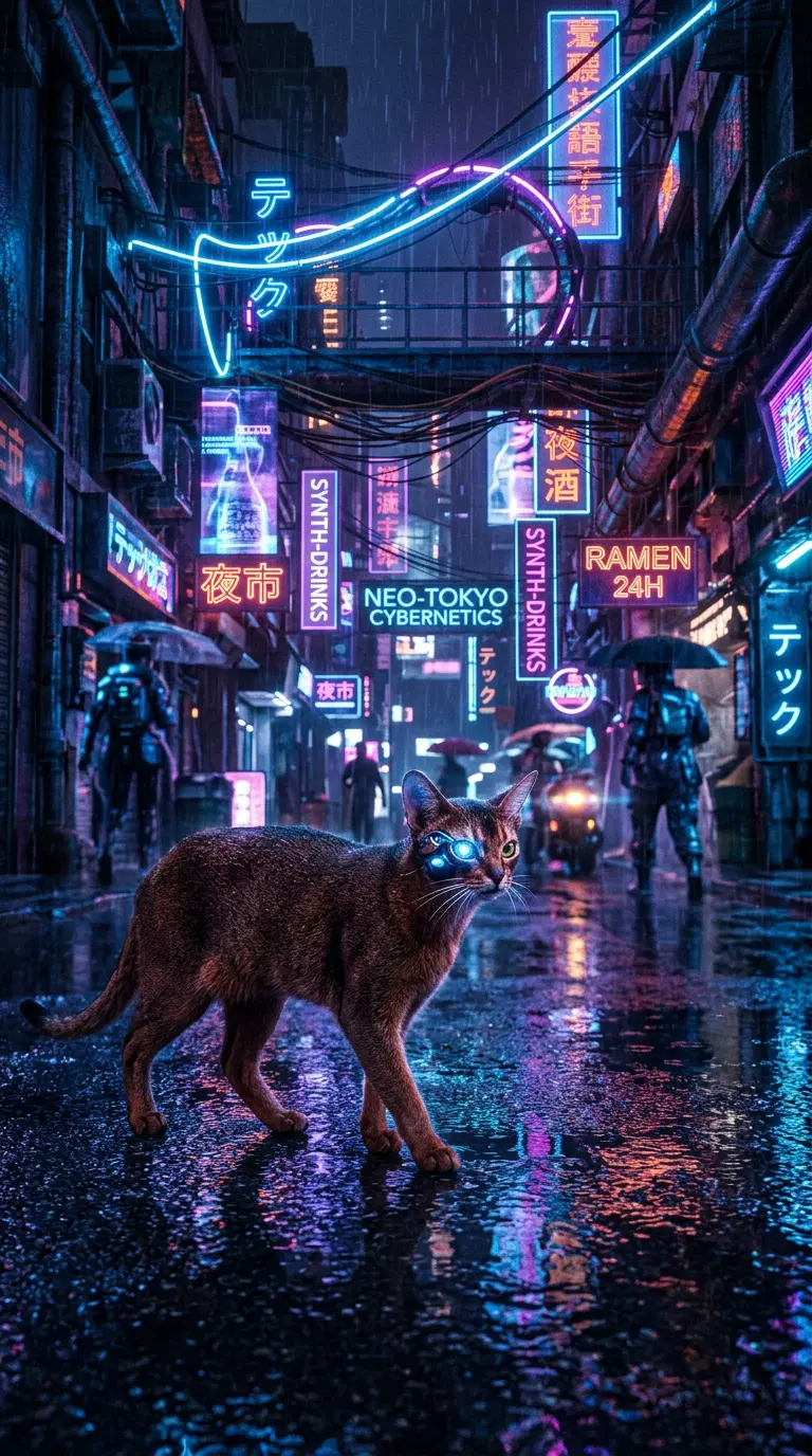 A Cyberpunk Scene Featuring an Abyssinian Cat in Neo-Tokyo