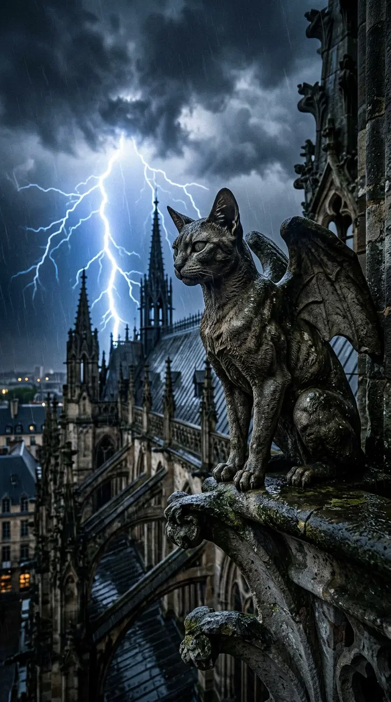 Gargoyle Sculpture Overlooking a Stormy Cathedral Landscape