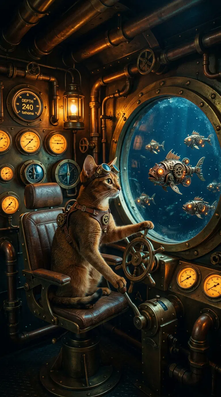 A Steampunk Abyssinian Cat Operating a Submarine Control Room