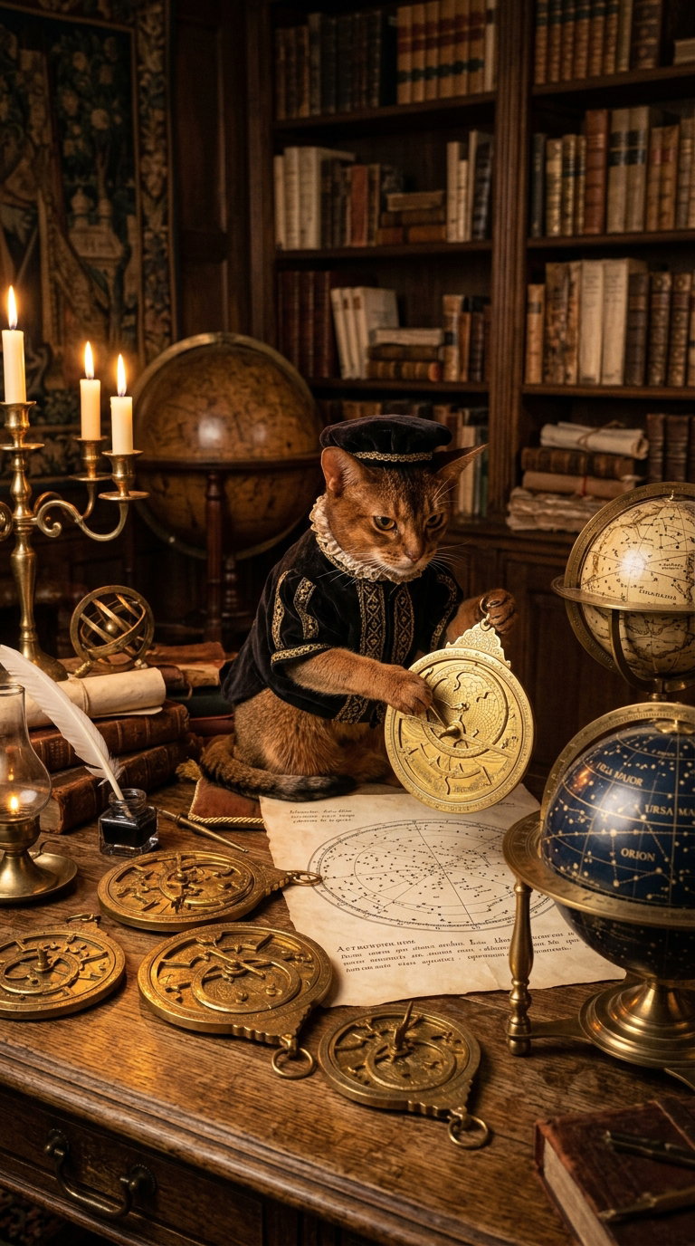 An Abyssinian cat dressed in scholarly clothing examines a compass, surrounded by globes and books in a library setting.