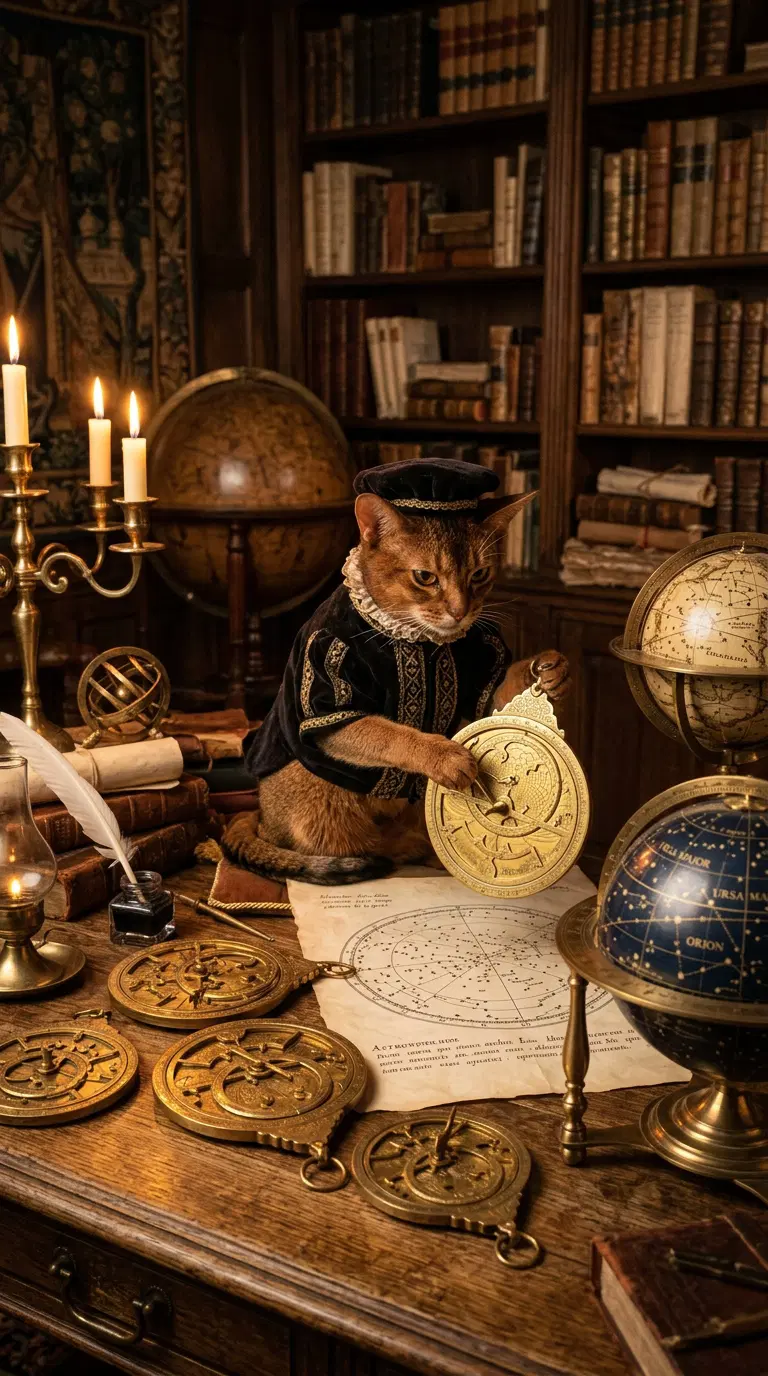 A scholarly Abyssinian cat engaged with ancient navigation tools