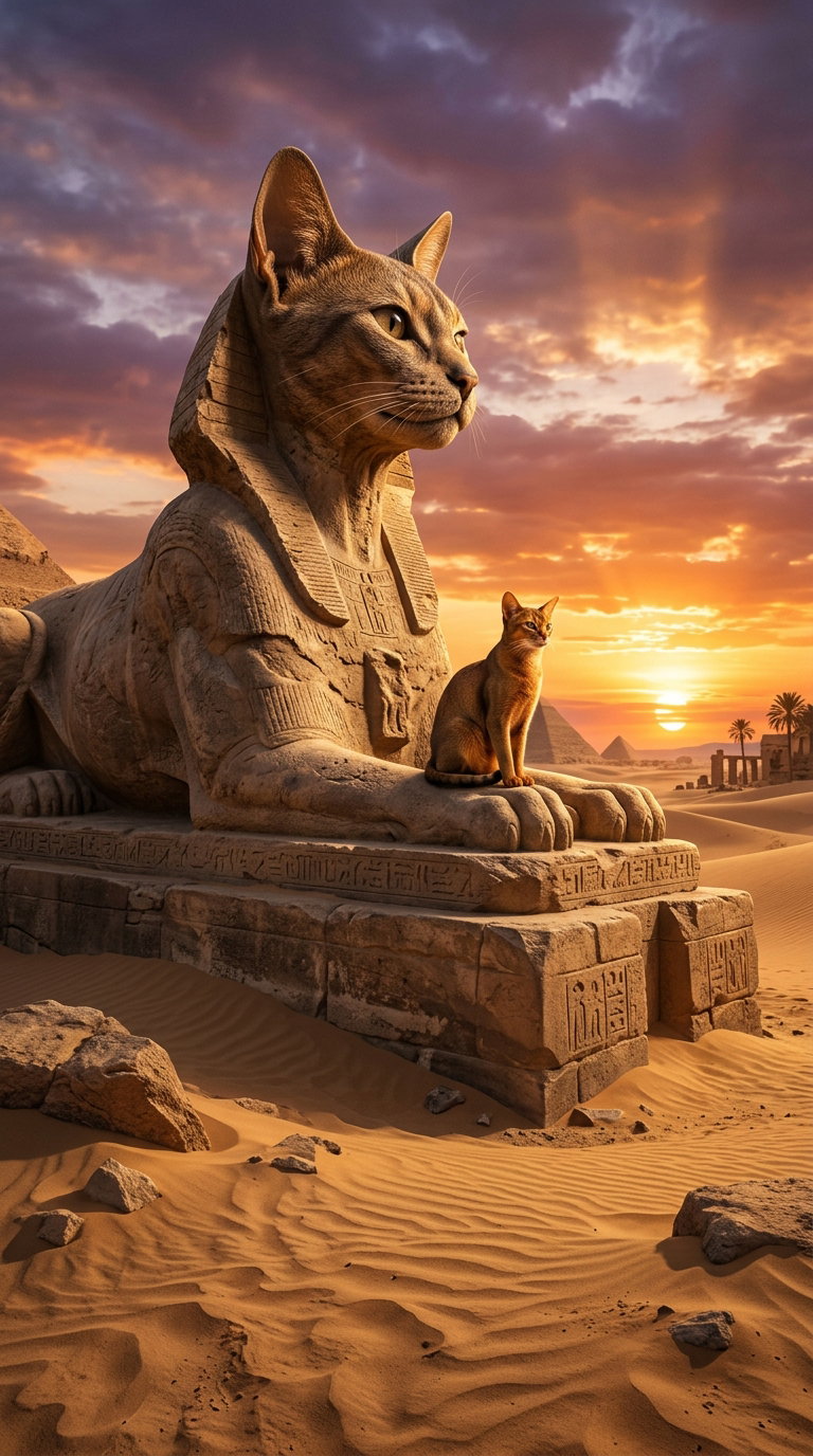 A sphinx statue resembling a cat with an Abyssinian cat sitting beside it in a desert setting during sunset.