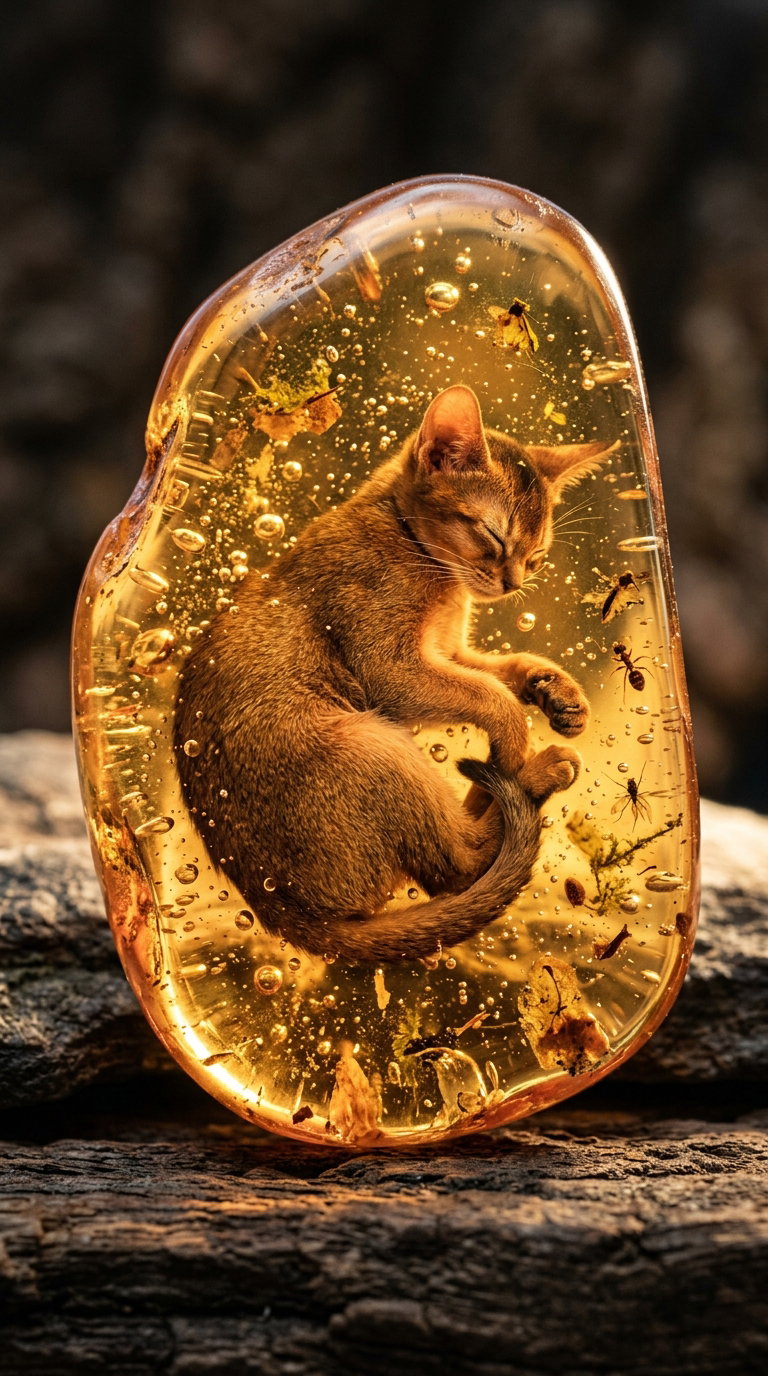 A small Abyssinian cat curled up inside a piece of amber, surrounded by bubbles and leaves.