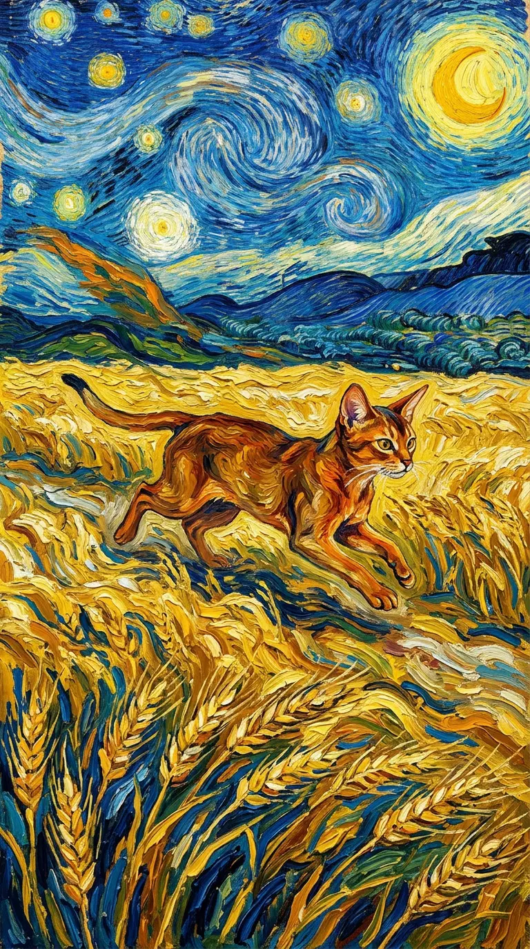 Abyssinian cat running through a golden wheat field under stars