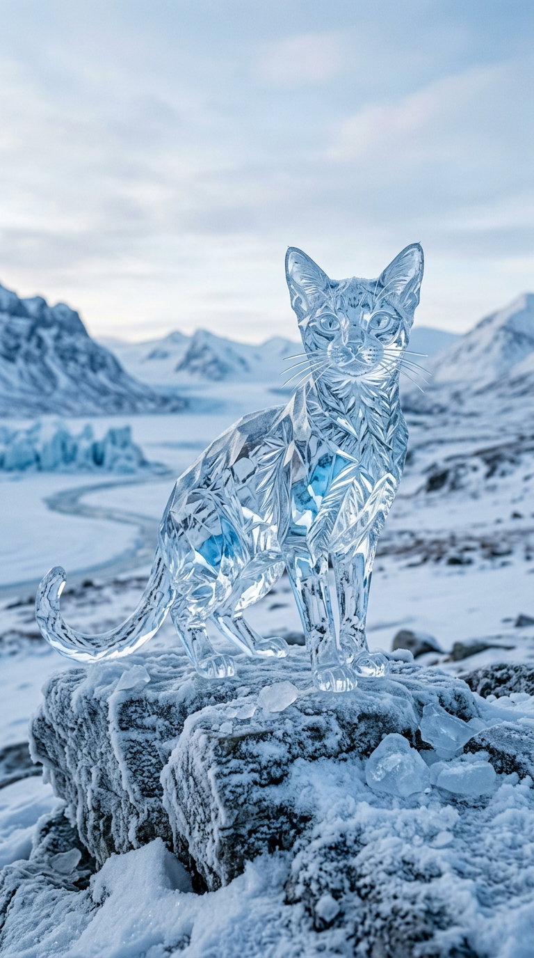 An ice sculpture of a cat resembling an Abyssinian cat stands on a rocky surface, surrounded by snow and mountains in the background.