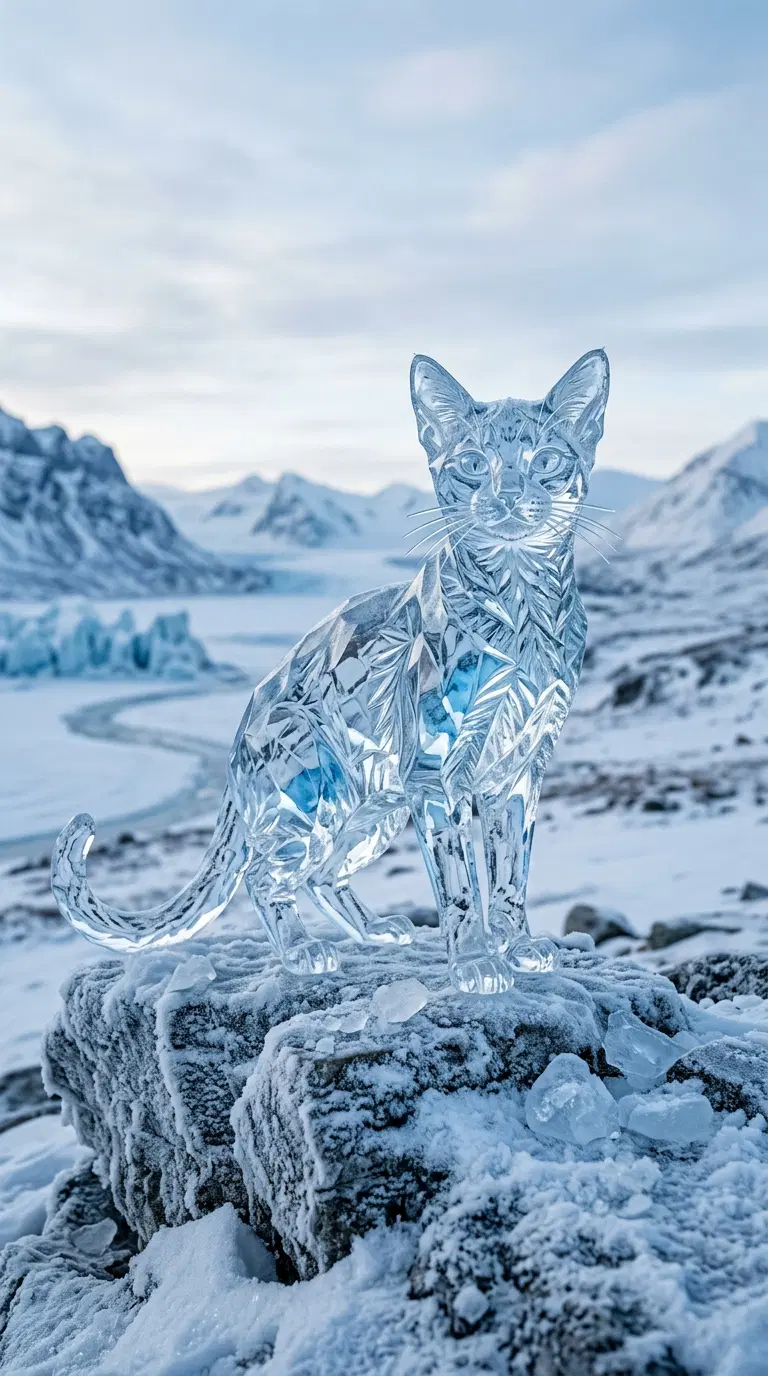 Artistic Ice Sculpture of an Abyssinian Cat in a Winter Scene