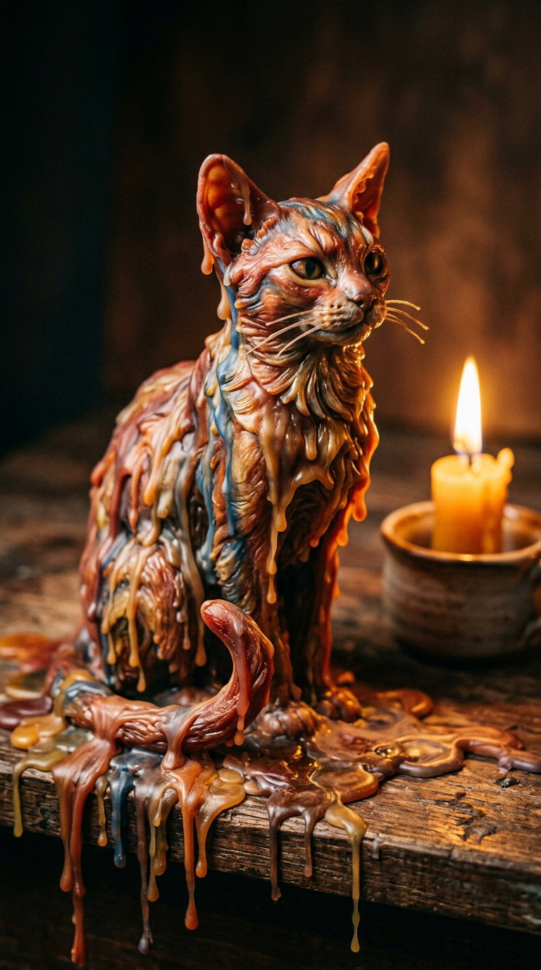A stylized cat sculpture covered in colorful melted wax next to a candle.