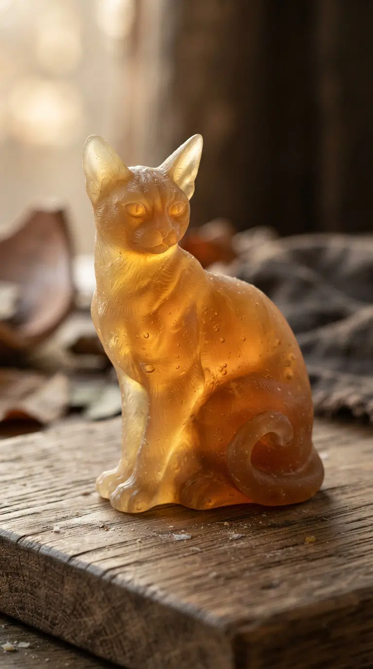 Translucent Amber Cat Figurine on a Rustic Wooden Surface