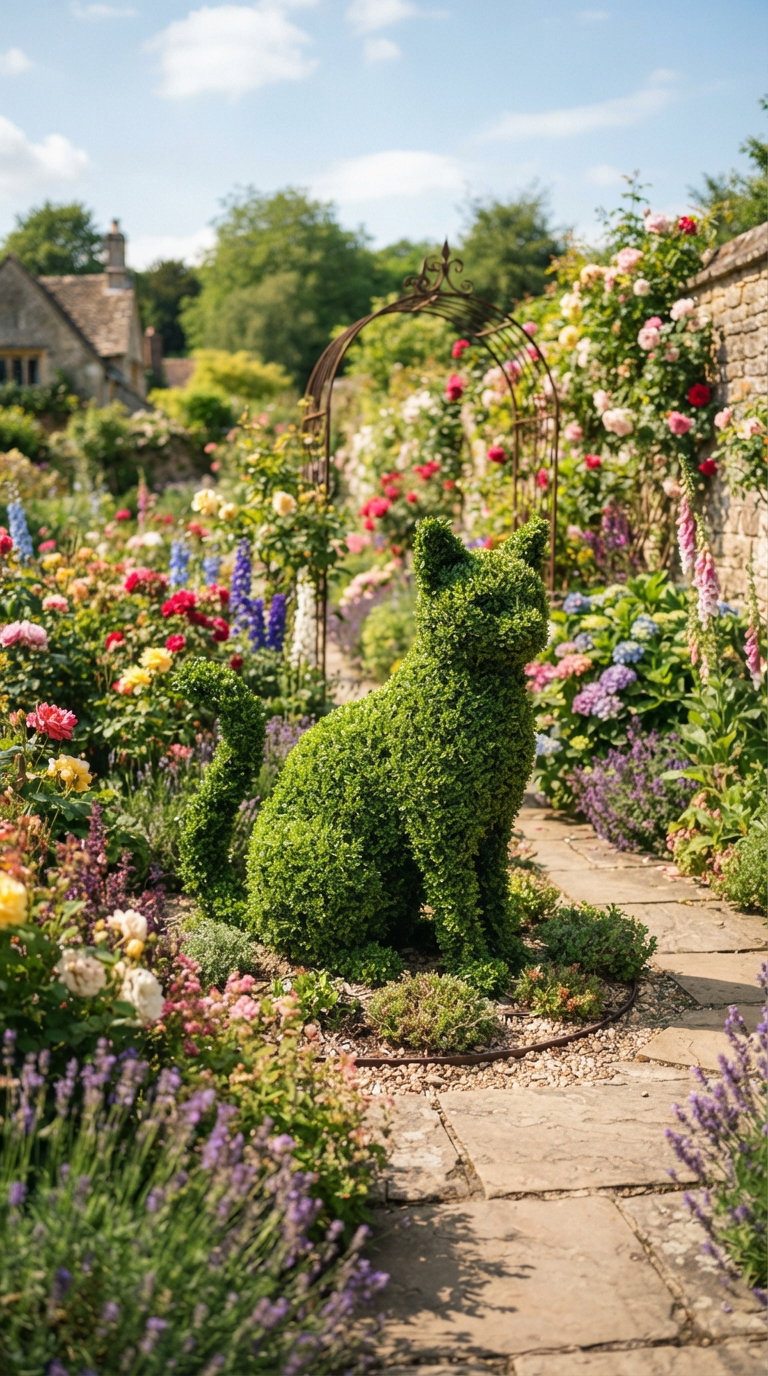 A topiary sculpture of a cat surrounded by colorful flowers and greenery in a garden.