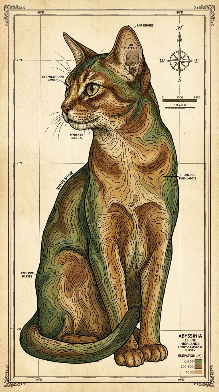 Detailed Illustration of an Abyssinian Cat with Topographic Features