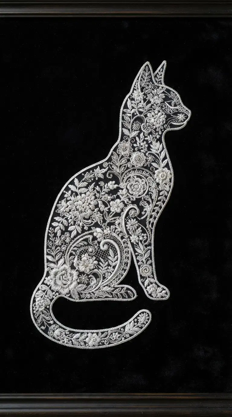 Intricate Embroidery of a Cat with Floral Patterns