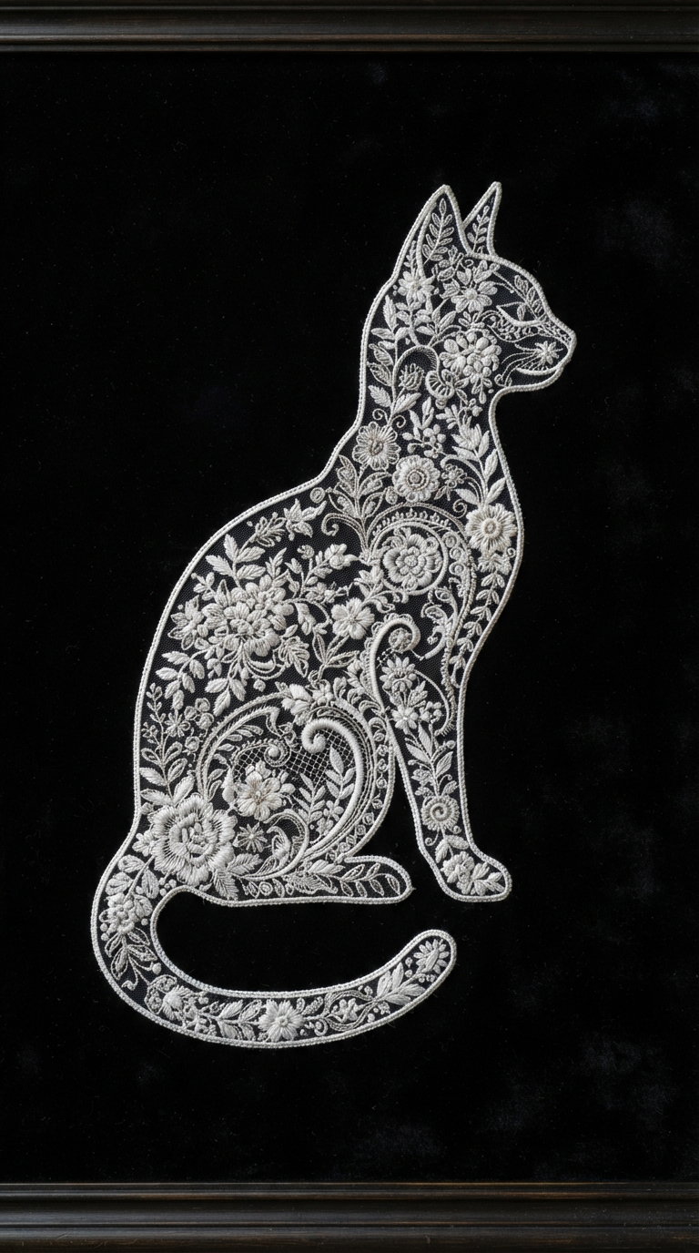 A black background featuring a detailed embroidered cat silhouette adorned with floral designs.