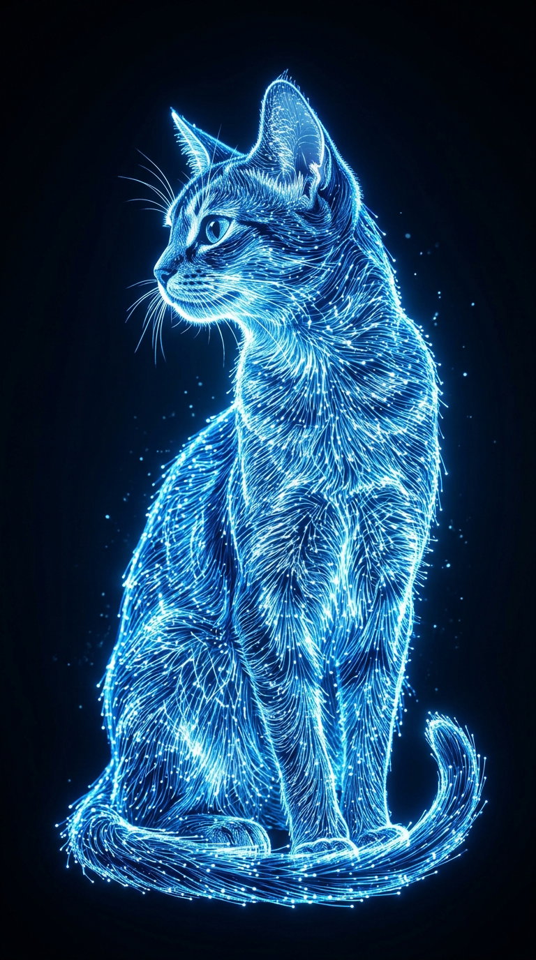 A glowing blue outline of a sitting cat against a dark background.