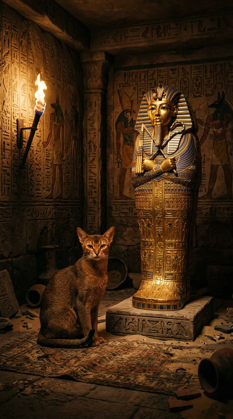 Abyssinian Cat Beside a Golden Sarcophagus in Ancient Tomb Setting