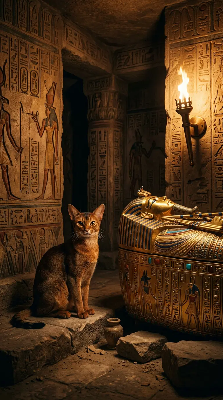 An Abyssinian Cat Sitting Beside an Ancient Egyptian Sarcophagus