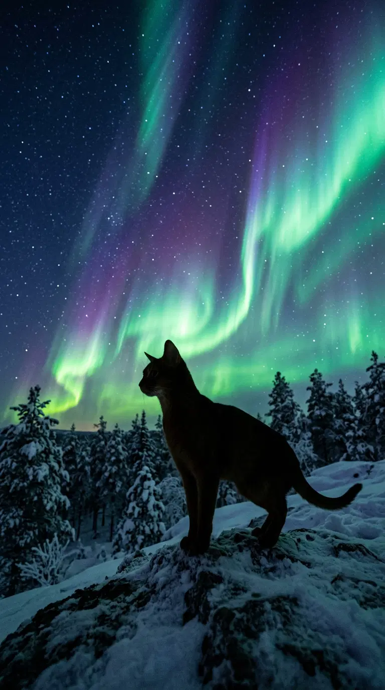 Abyssinian Cat Silhouette Against Northern Lights