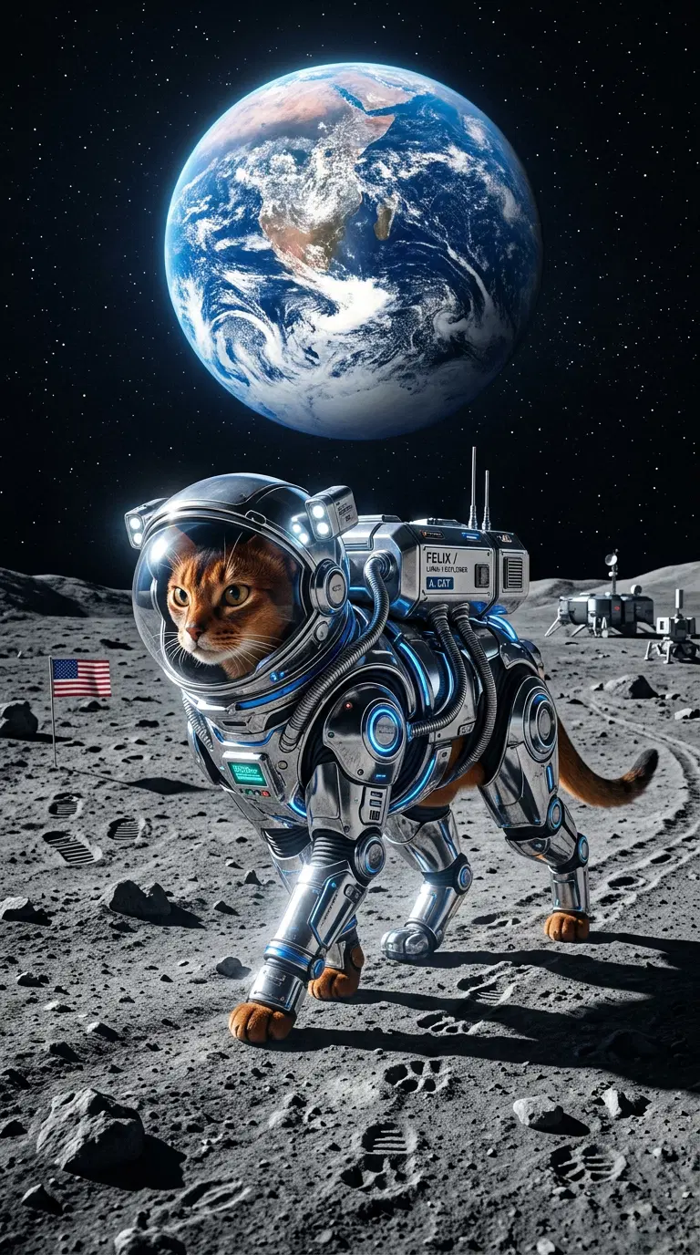 Abyssinian Cat in Space Suit on the Moon with Earth in Background