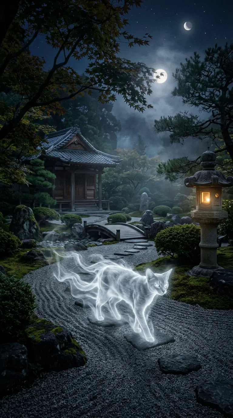 Ethereal Cat Walking Through a Tranquil Japanese Garden at Night