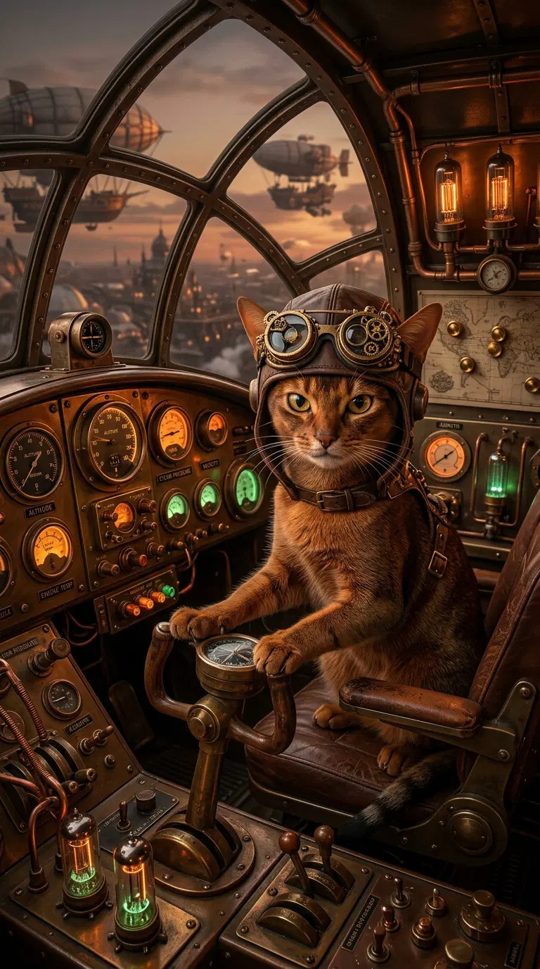 A Steampunk Abyssinian Cat in a Vintage Airship Cockpit