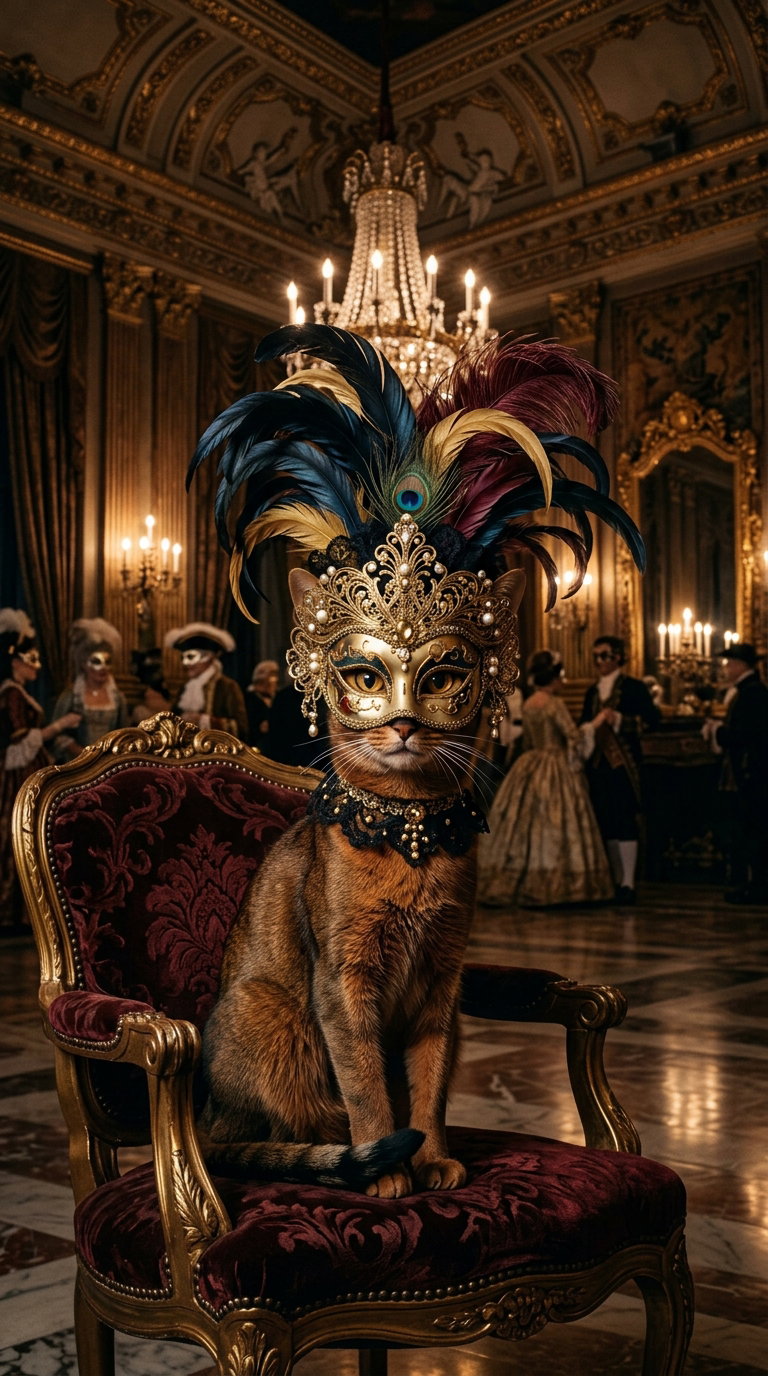 A cat wearing a decorative mask with feathers, seated elegantly in a lavish room