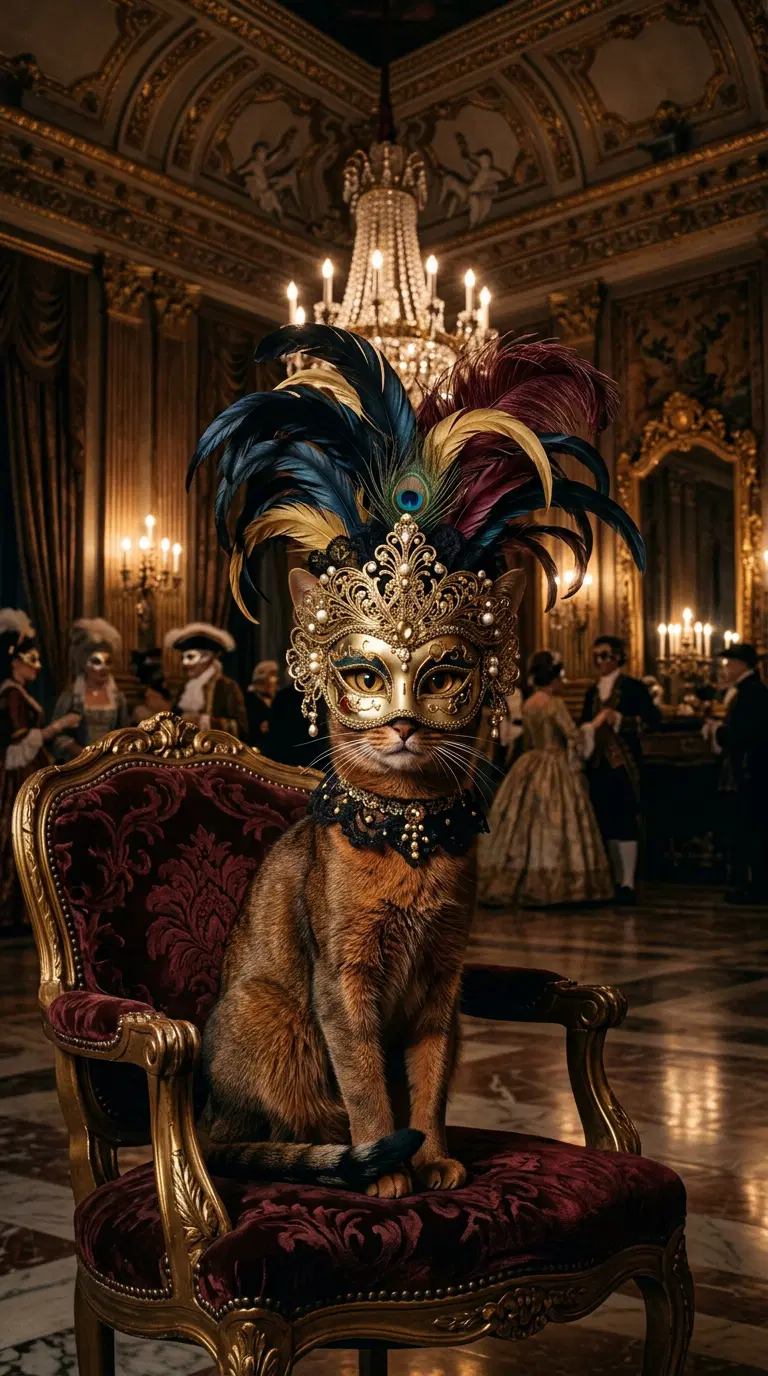 An Abyssinian Cat in a Mask at a Grand Masquerade Ball
