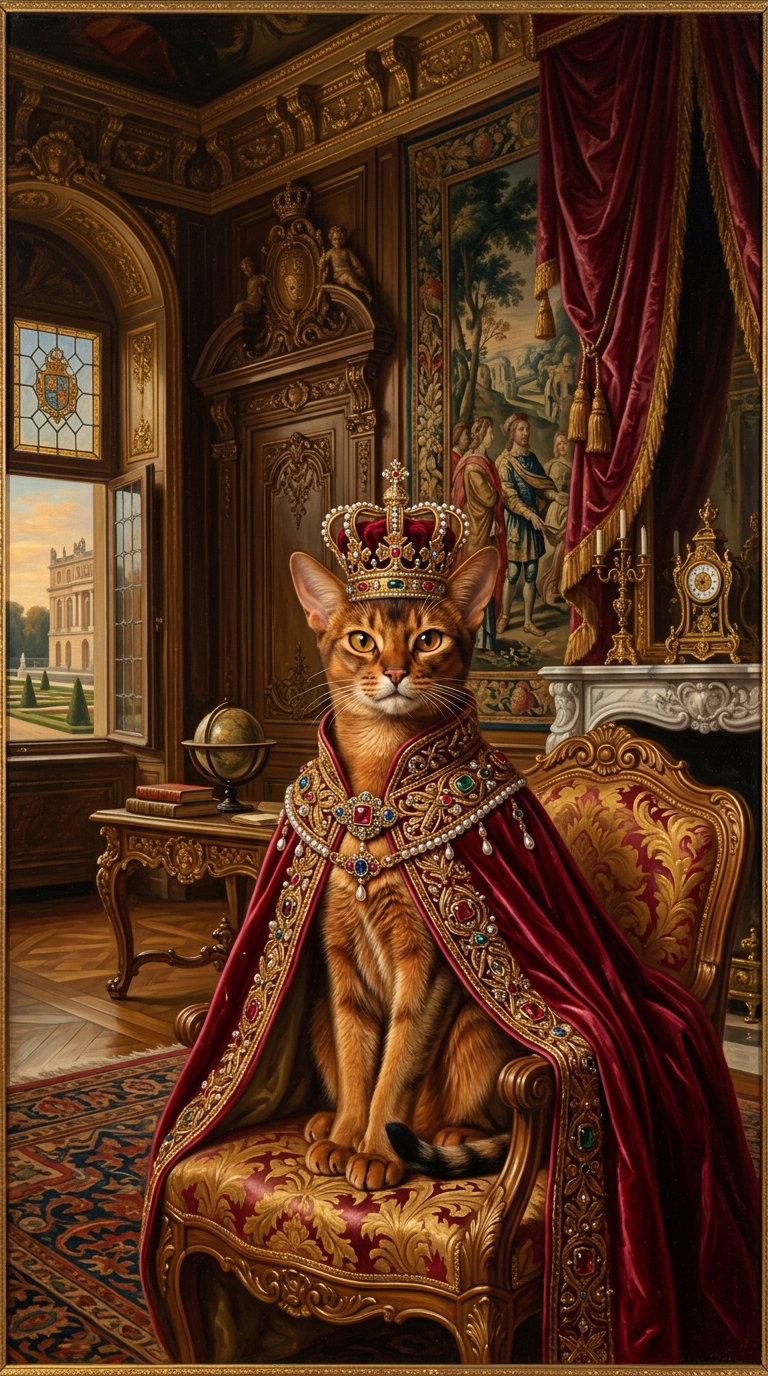 An Abyssinian cat wearing a crown and cape, seated on an ornate chair in a luxurious room.