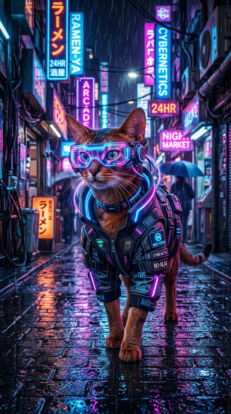 A sleek Abyssinian cat wearing futuristic goggles and a glowing suit, walking through a rainy, neon-lit street filled with signs.