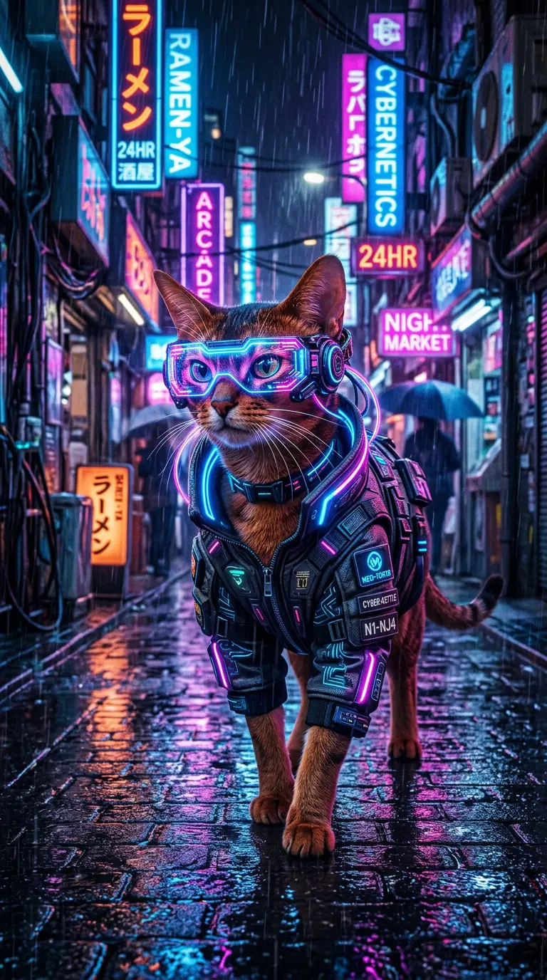 A cyberpunk Abyssinian cat in a neon-lit urban landscape
