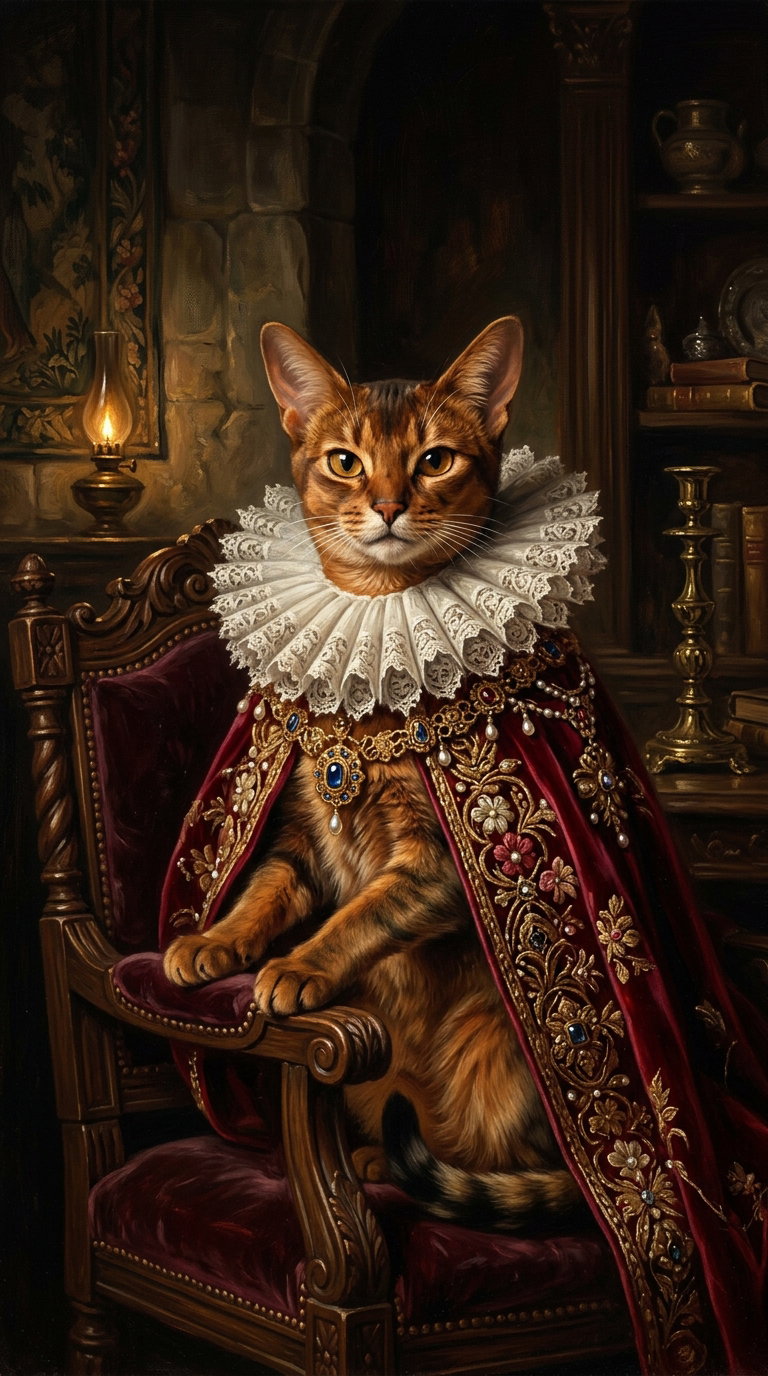 A regal Abyssinian cat wearing a lavish cloak and lace collar, seated in an ornate chair with a candle and books in the background.