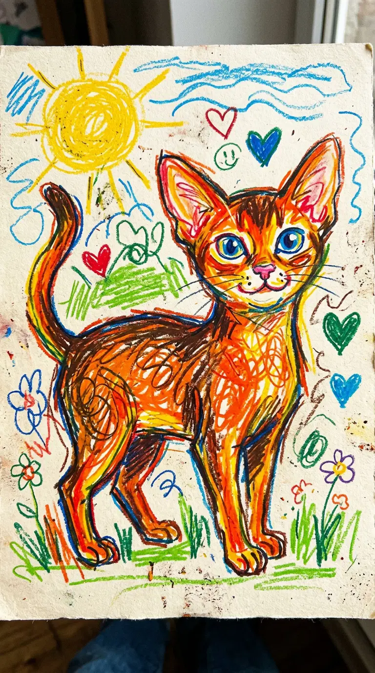 Colorful Drawing of an Abyssinian Cat in a Sunny Landscape