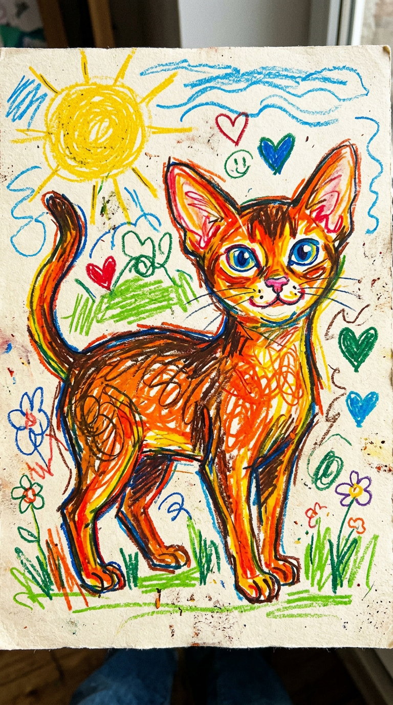A hand-drawn cat resembling an Abyssinian with orange fur, blue eyes, and a background of hearts, flowers, and a sun.