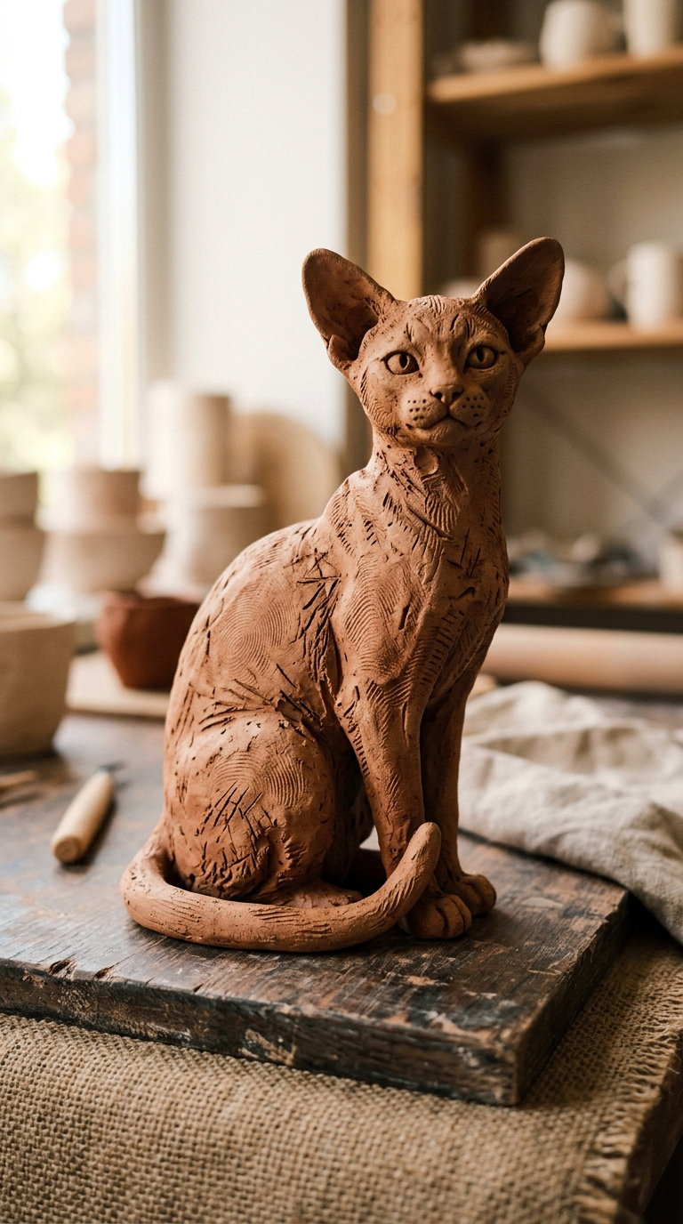 A clay sculpture of a seated cat with chocolate fur, detailed features, on a wooden surface in a studio