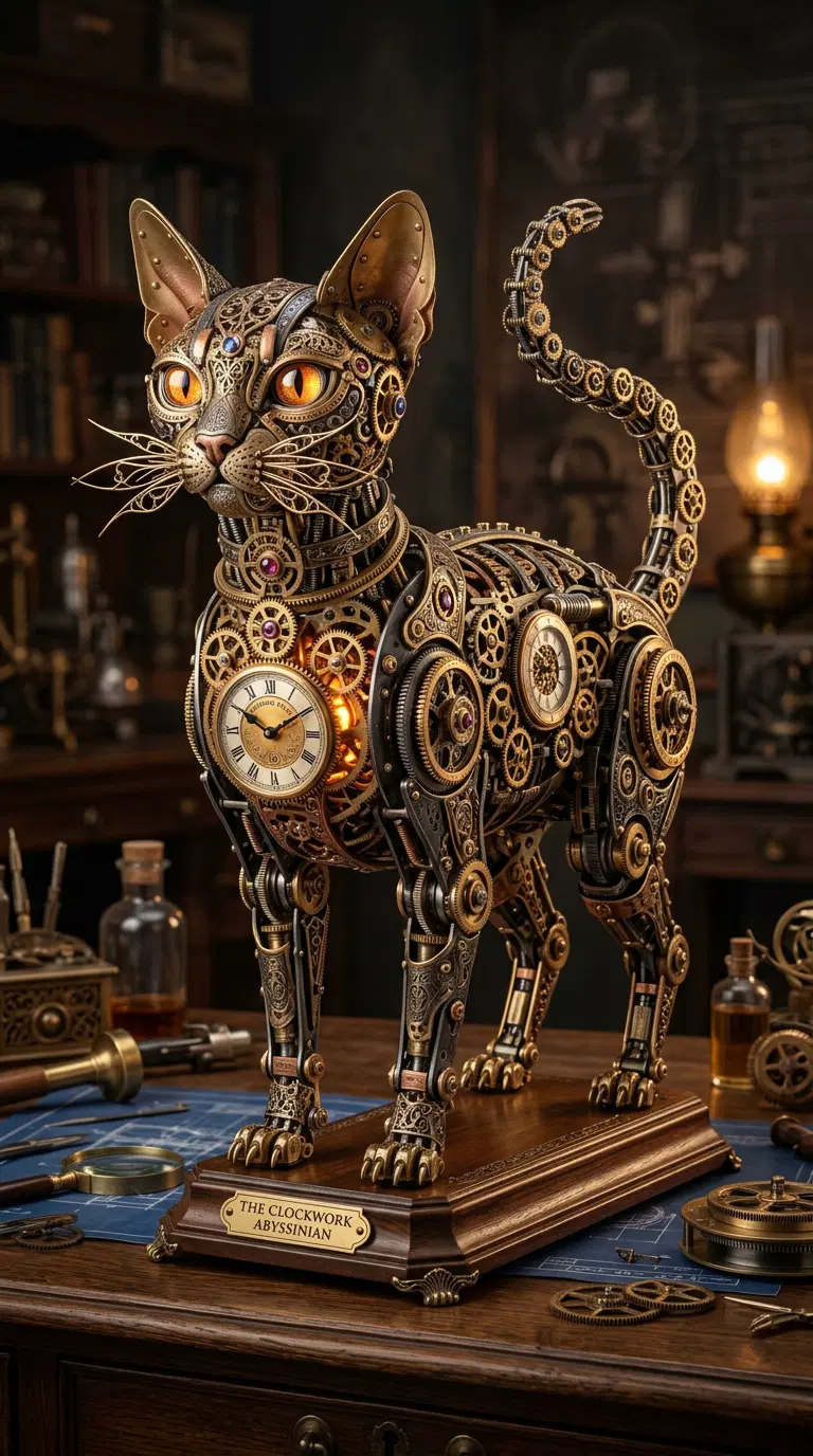 Intricately Designed Clockwork Abyssinian Cat Sculpture