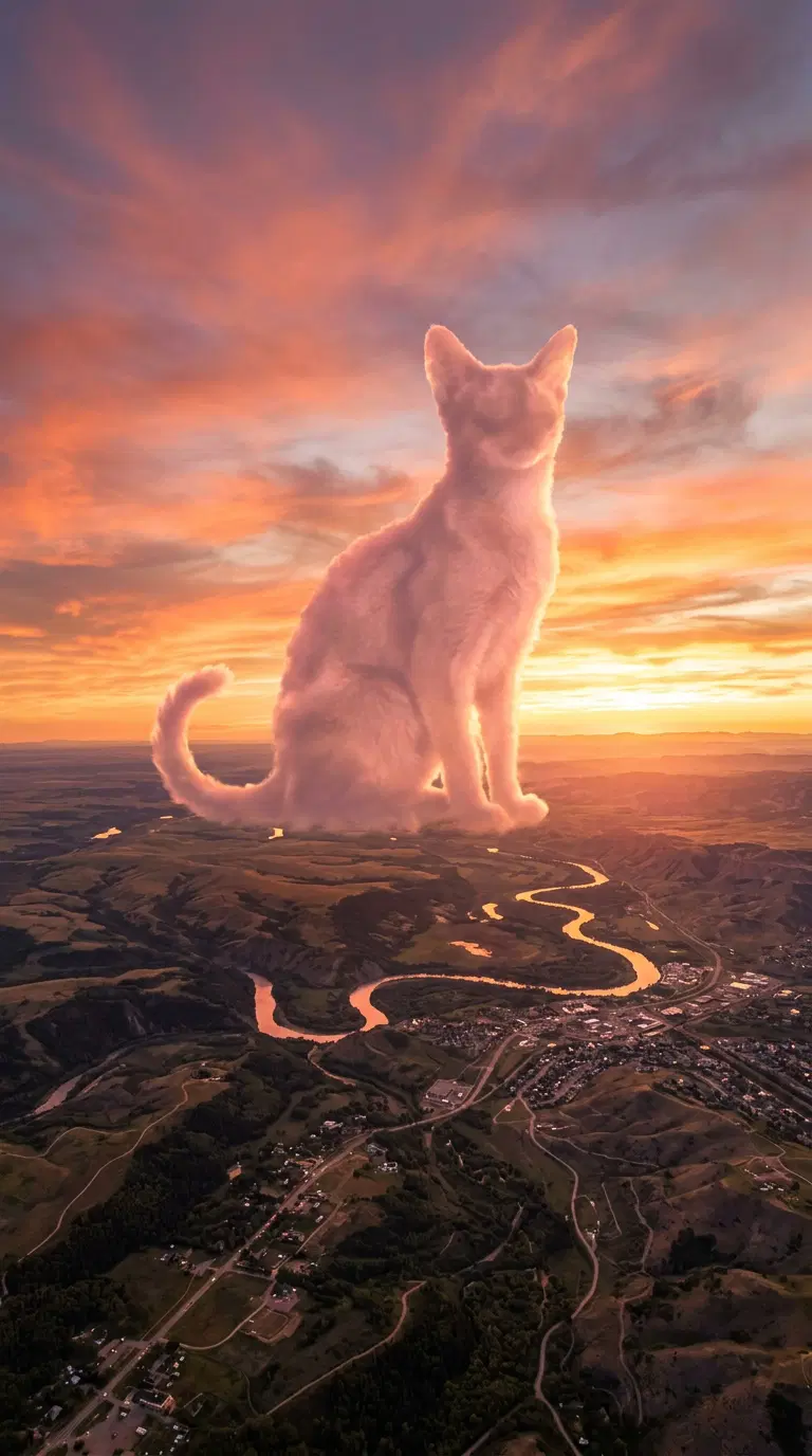 A Majestic Cat-Shaped Cloud Over a Scenic Landscape at Sunset
