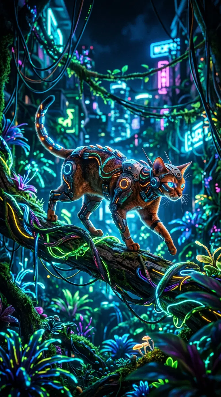 A futuristic Abyssinian cat exploring a neon jungle landscape