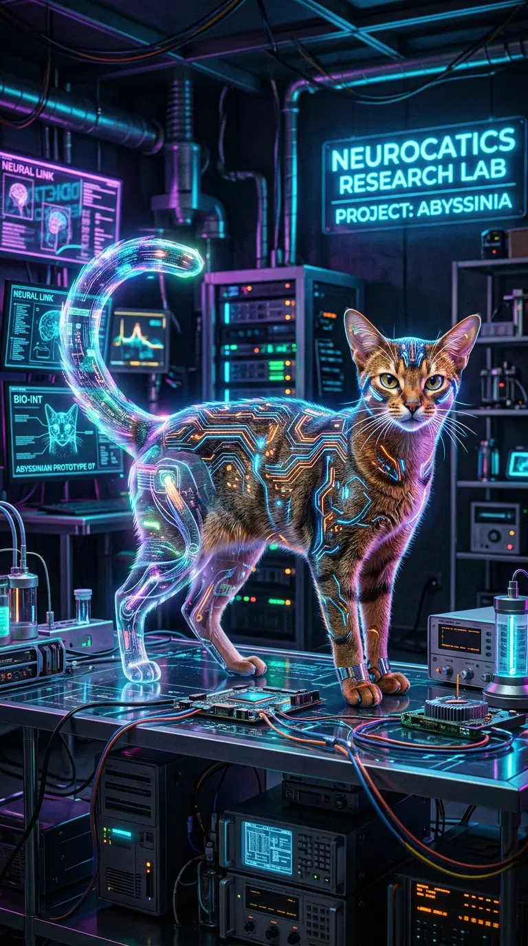 A Futuristic Abyssinian Cat in a High-Tech Research Lab Setting