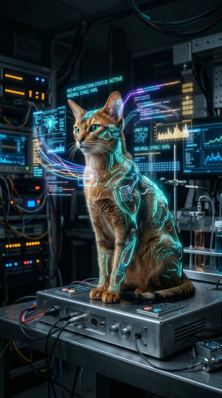 A cybernetically enhanced Abyssinian cat sitting on a metallic surface among electronic equipment.