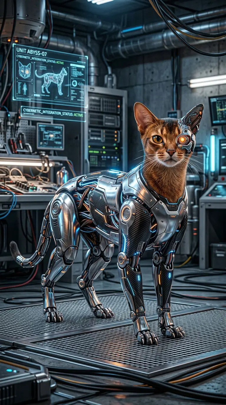 A futuristic Abyssinian cat with robotic enhancements in a lab setting