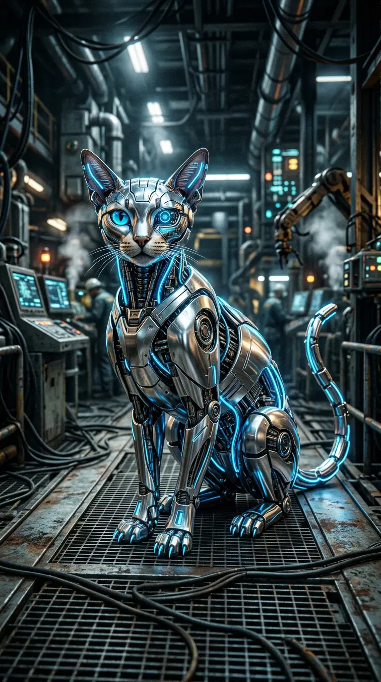 A futuristic robotic Abyssinian cat in a high-tech environment