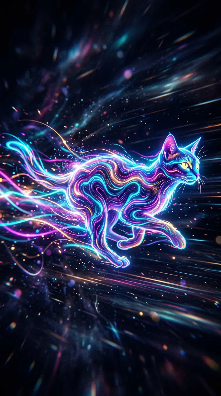 A vibrant artistic representation of an Abyssinian cat in motion