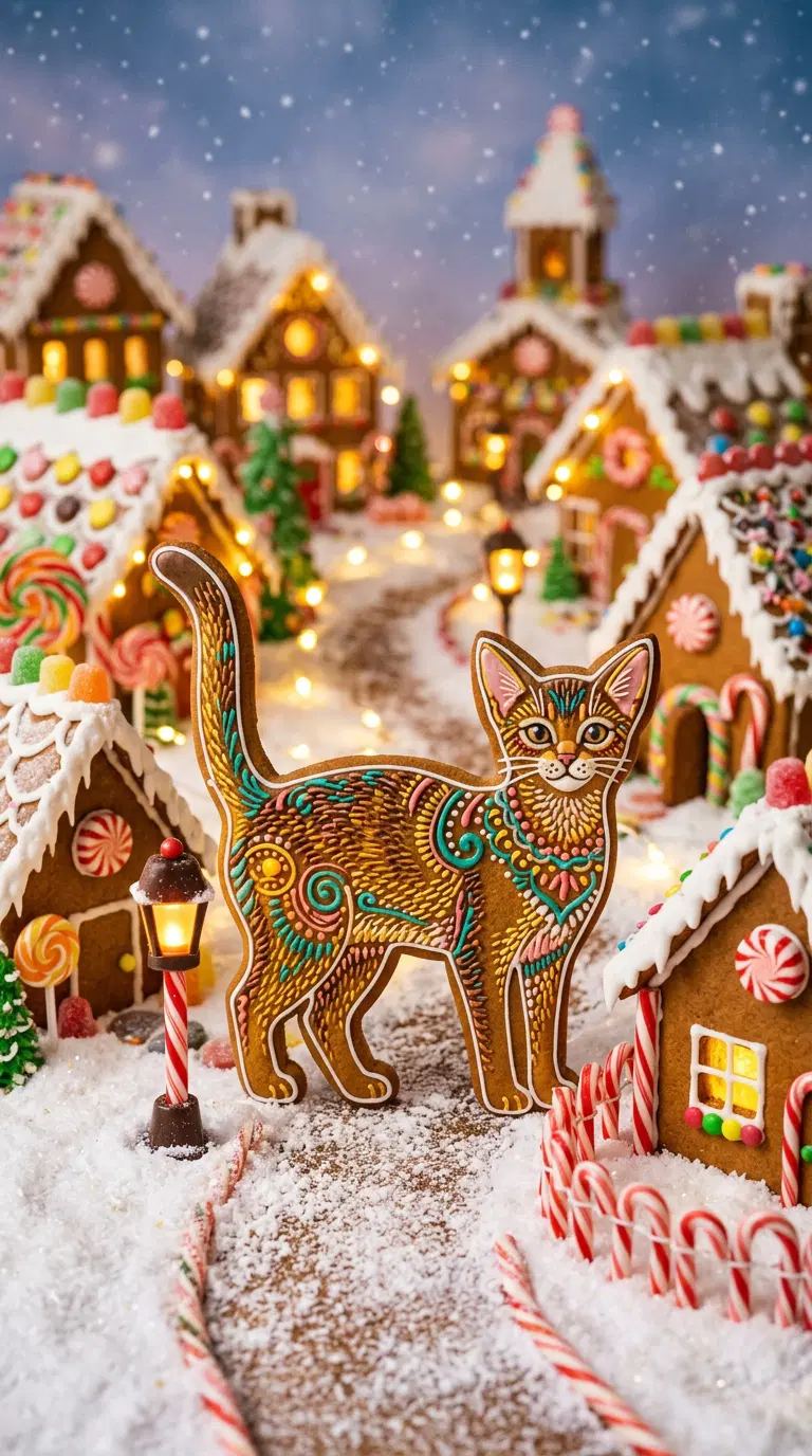 Beautiful Gingerbread Cat in Festive Gingerbread Village Scene