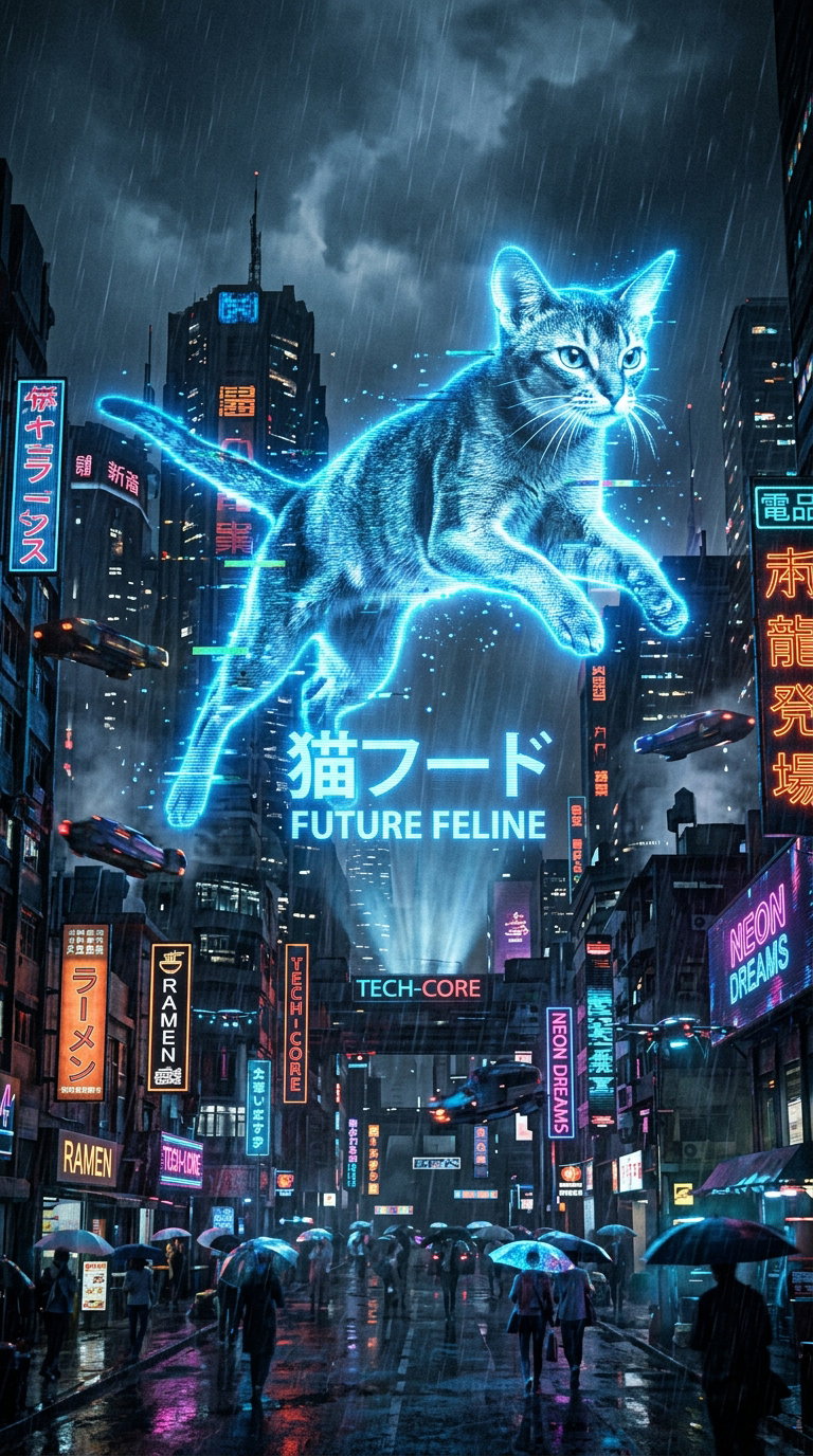 A cyberpunk city scene with neon signs and a holographic cat.