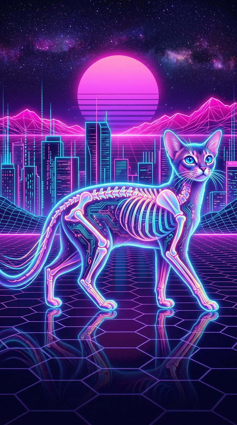 A stylized cat with a glowing skeleton walking in a futuristic cityscape