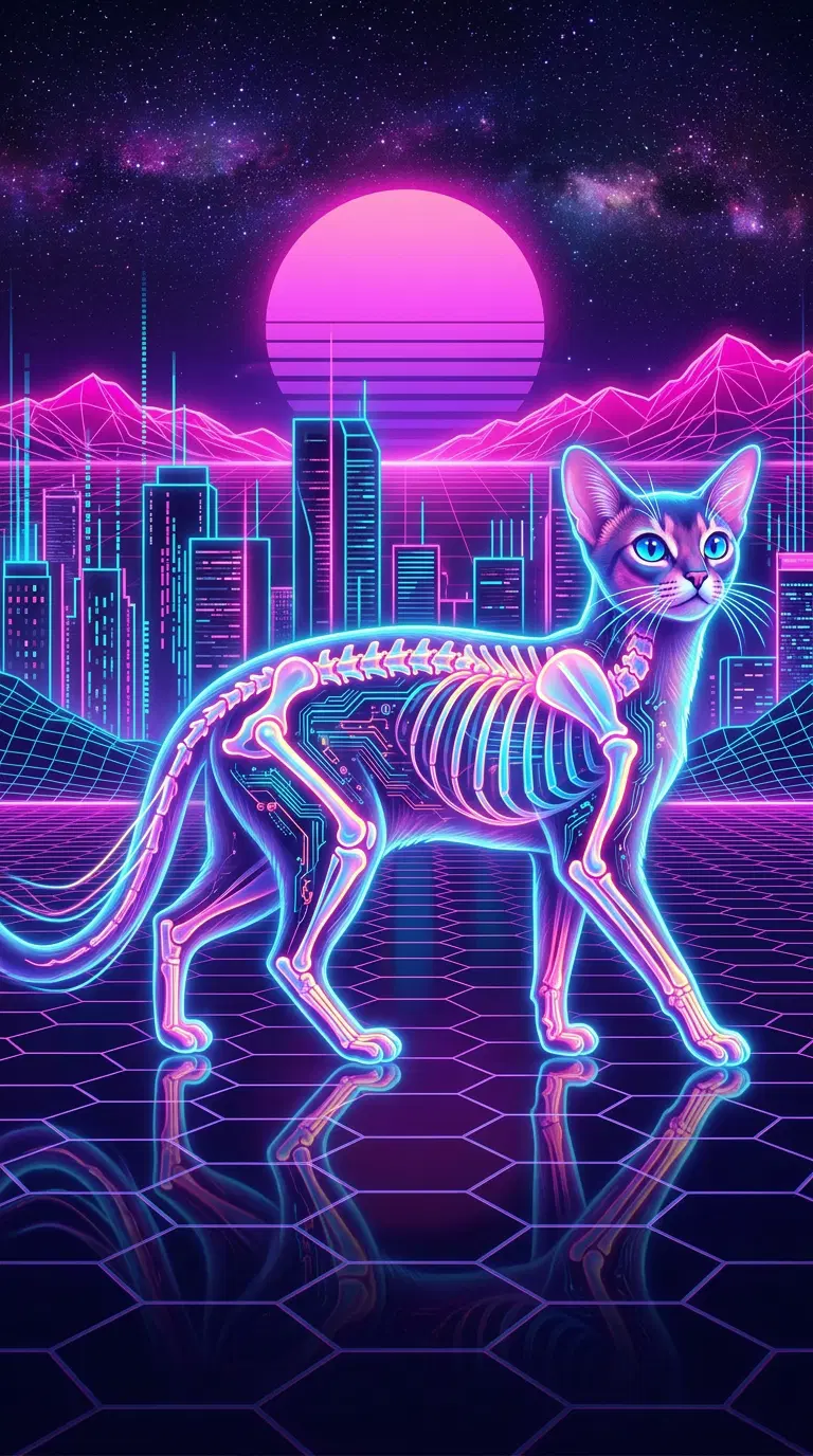 A luminous digital art depiction of a cat with a neon skeleton