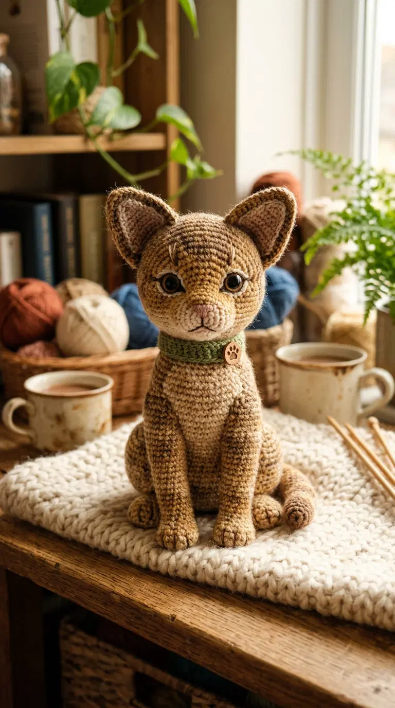 Crocheted Abyssinian Cat Figurine on a Cozy Knit Blanket