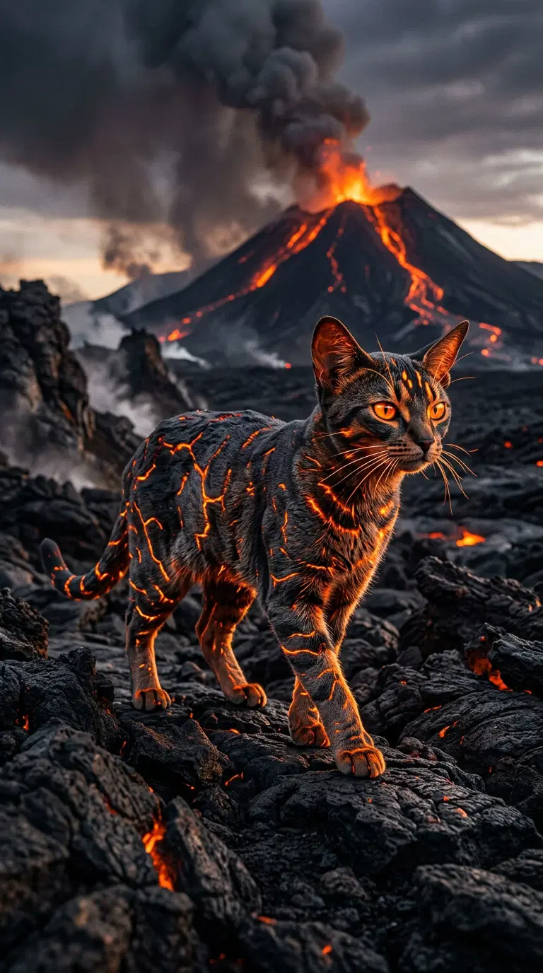 Abyssinian Cat Walking on Lava with Erupting Volcano Background