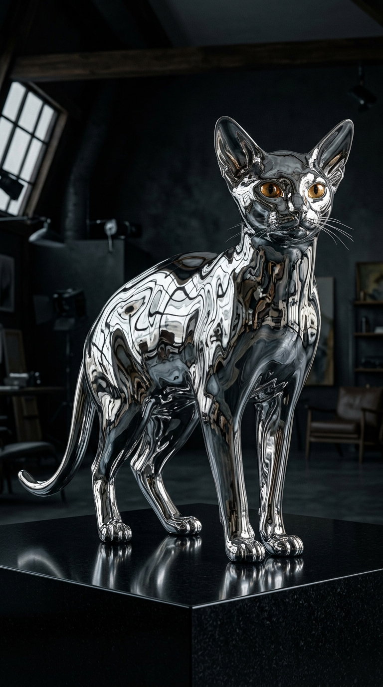 A shiny, metallic sculpture of a cat with detailed features, displayed on a black pedestal in a dimly lit room.