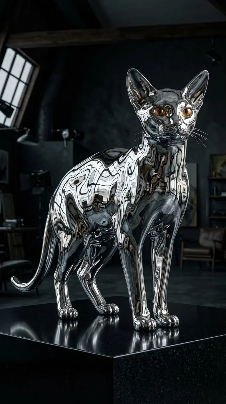 Sleek and Reflective Sculpture of an Abyssinian Cat