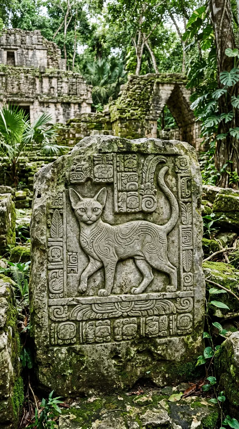 Ancient Carving of a Cat Amidst a Jungle Ruin
