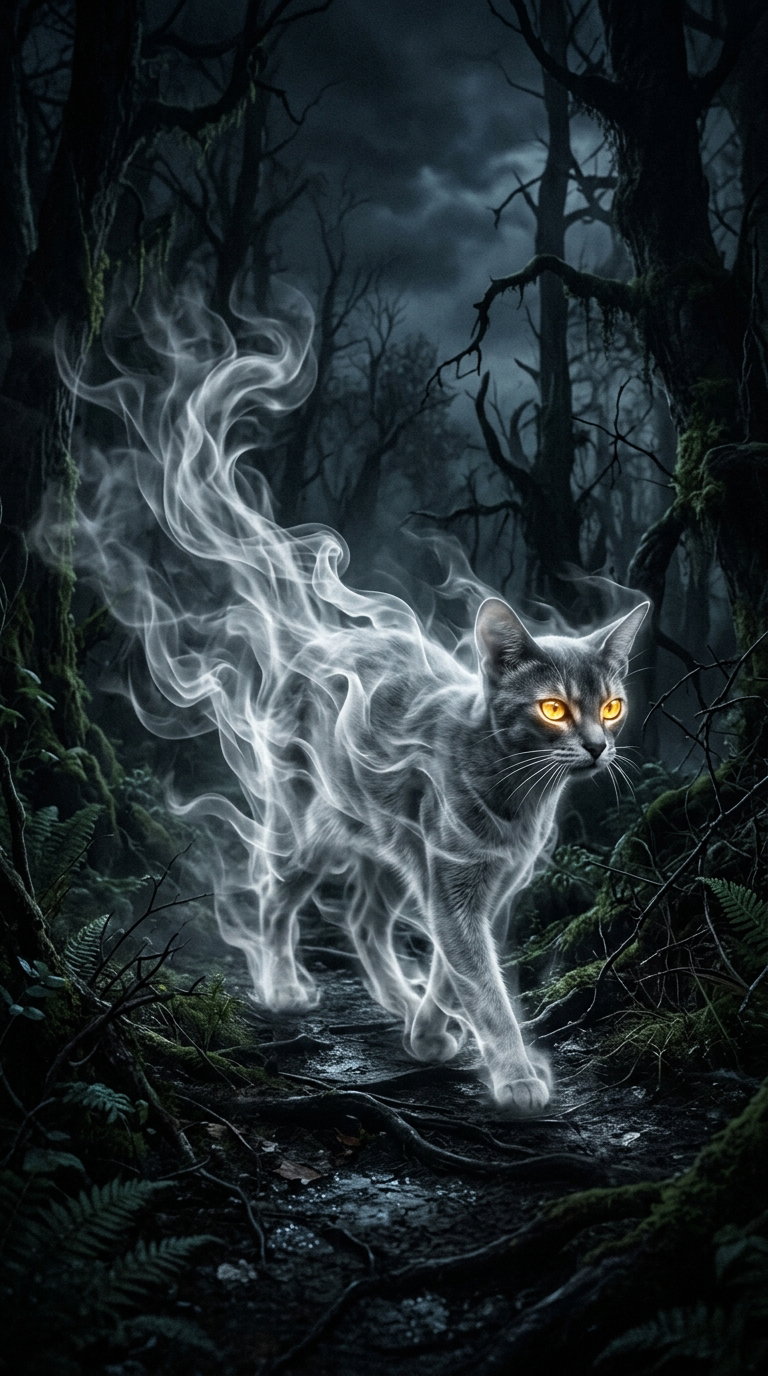 A smoky, ethereal cat with glowing eyes walking through a dark forest.